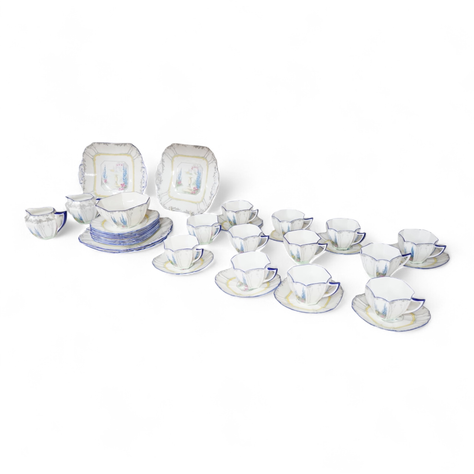 An Art Deco Shelley ‘My Garden’ part teaset to include cups, saucers, jugs and sandwich plates